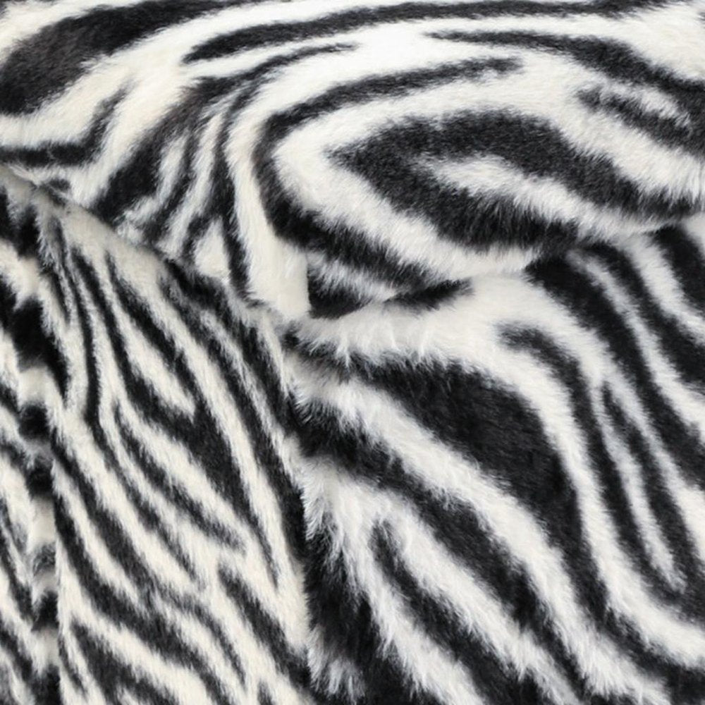 30" Black And White Faux Fur Zebra Ottoman