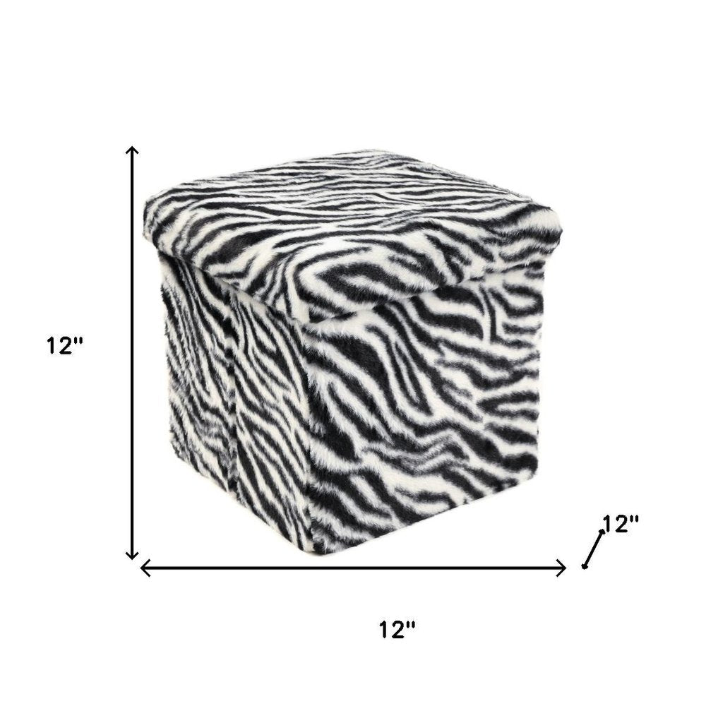 30" Black And White Faux Fur Zebra Ottoman