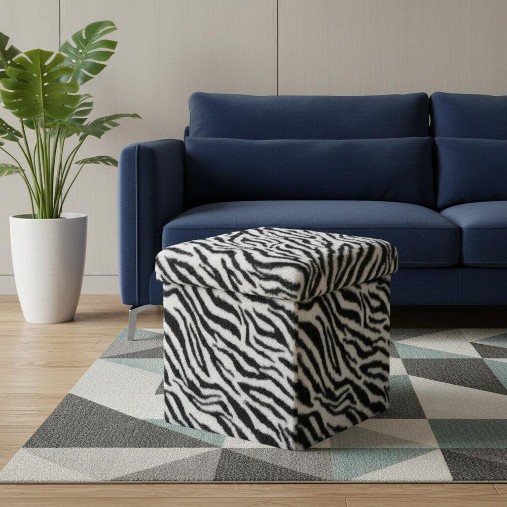 30" Black And White Faux Fur Zebra Ottoman