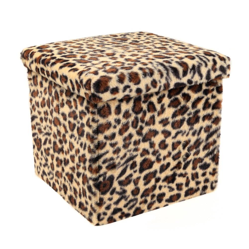 30" Tan And Black Faux Fur Leopard Ottoman