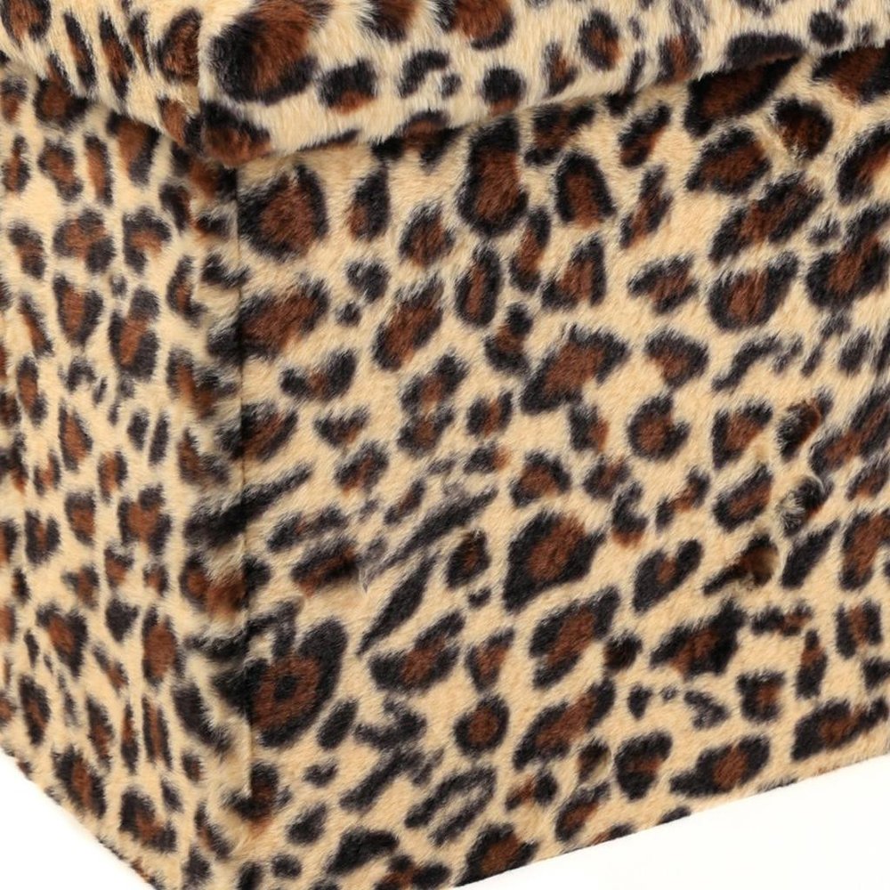 30" Tan And Black Faux Fur Leopard Ottoman