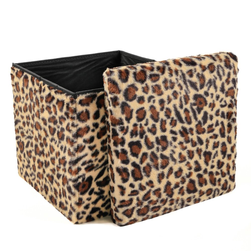 30" Tan And Black Faux Fur Leopard Ottoman