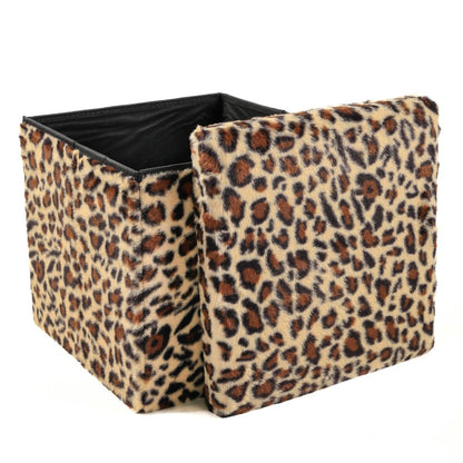 30" Tan And Black Faux Fur Leopard Ottoman