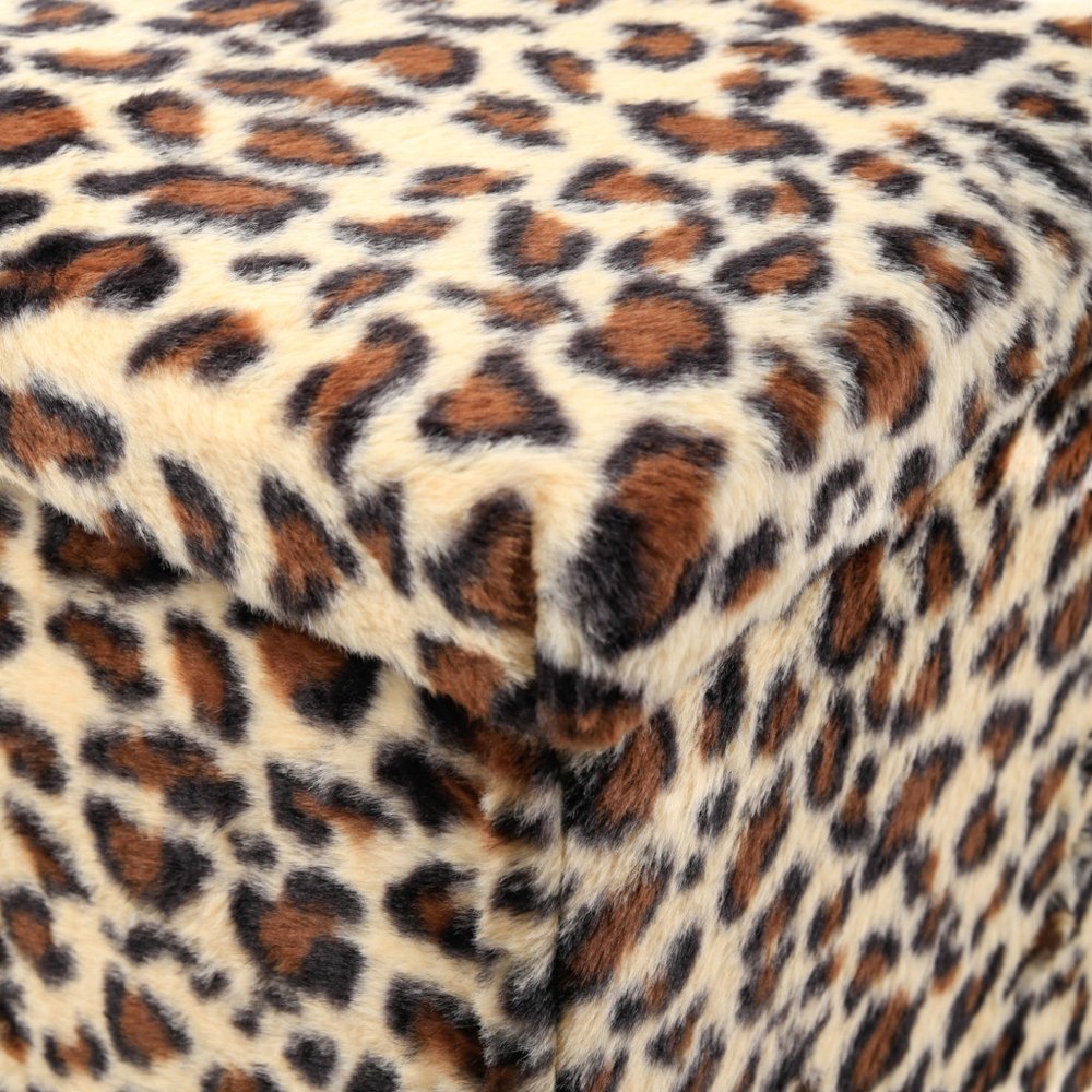30" Tan And Black Faux Fur Leopard Ottoman