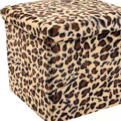 30" Tan And Black Faux Fur Leopard Ottoman