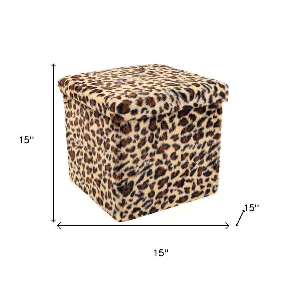30" Tan And Black Faux Fur Leopard Ottoman