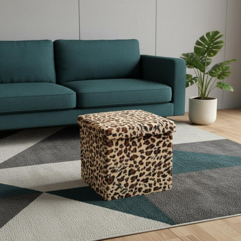 30" Tan And Black Faux Fur Leopard Ottoman