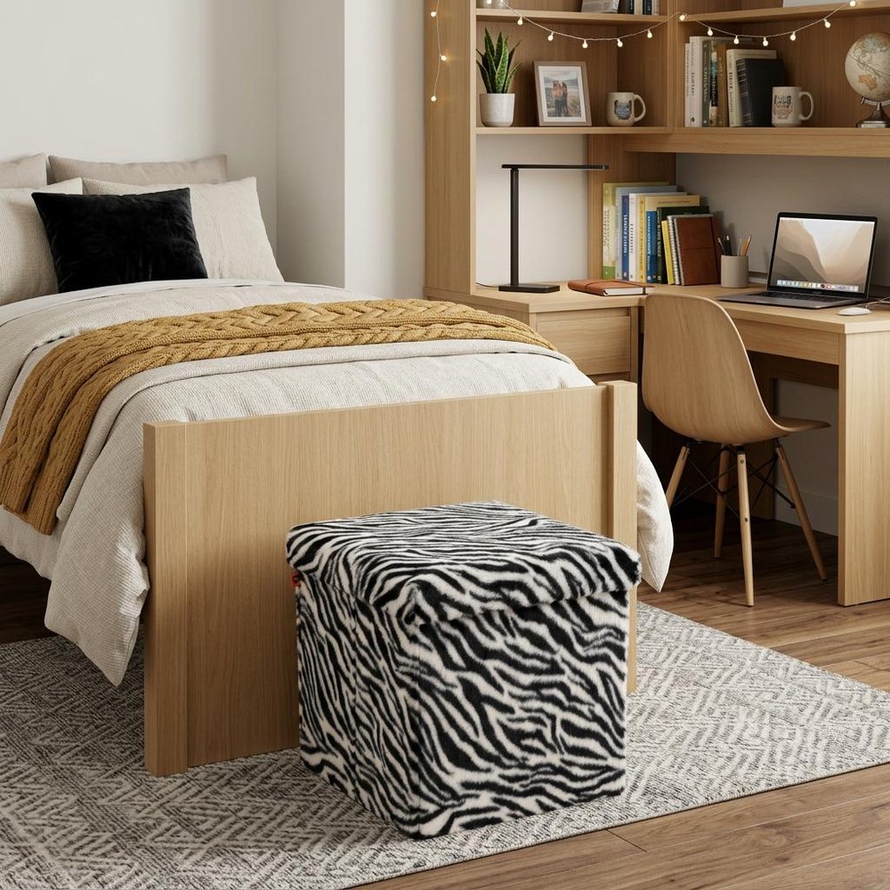 30" Black And White Faux Fur Zebra Ottoman