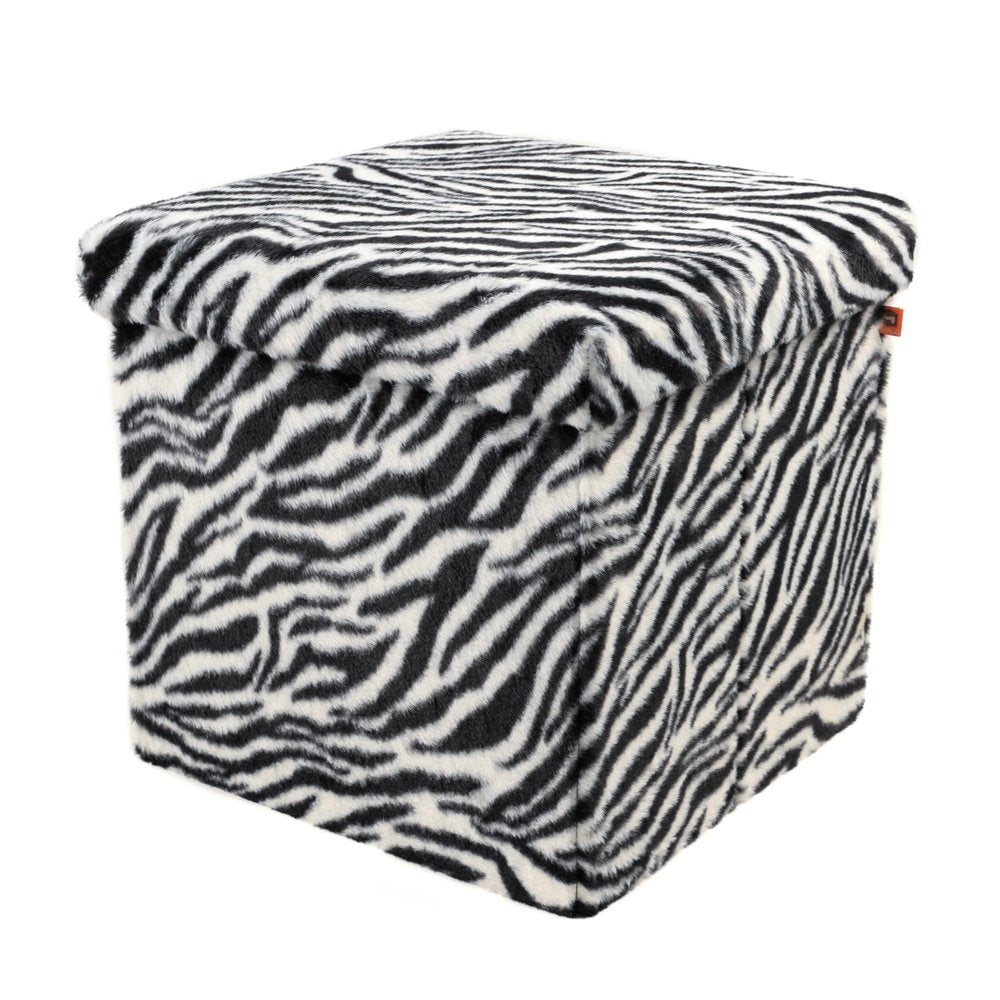 30" Black And White Faux Fur Zebra Ottoman