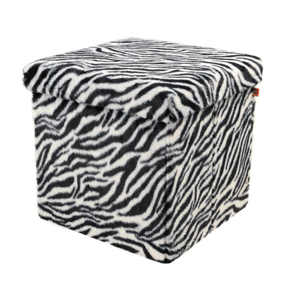 30" Black And White Faux Fur Zebra Ottoman