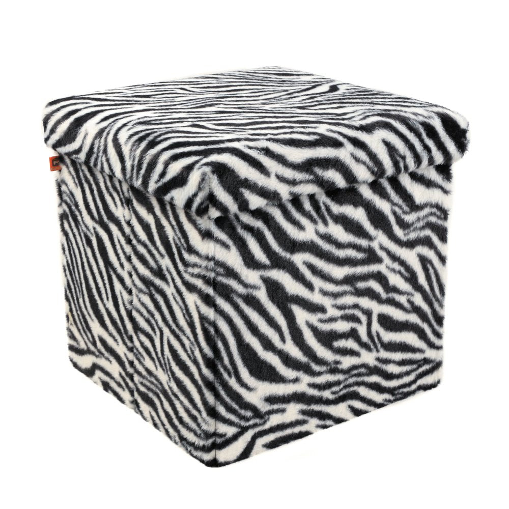 30" Black And White Faux Fur Zebra Ottoman