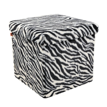 30" Black And White Faux Fur Zebra Ottoman