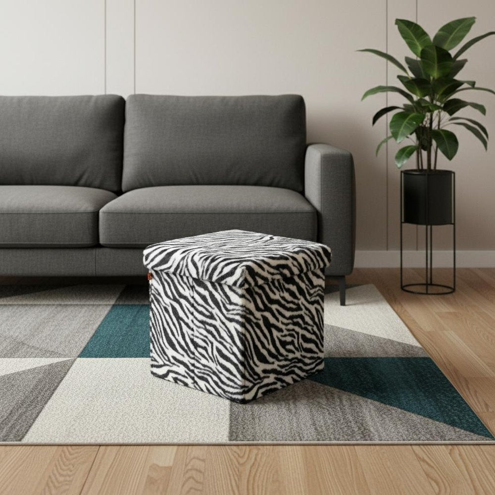 30" Black And White Faux Fur Zebra Ottoman