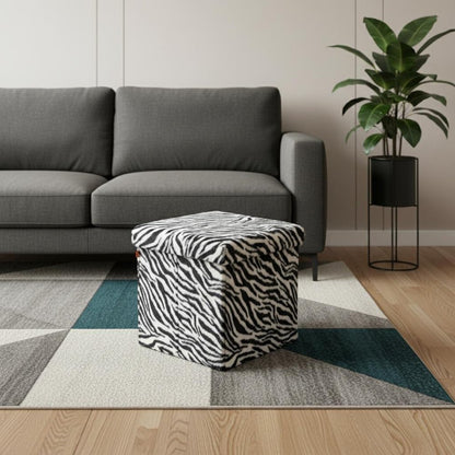 30" Black And White Faux Fur Zebra Ottoman
