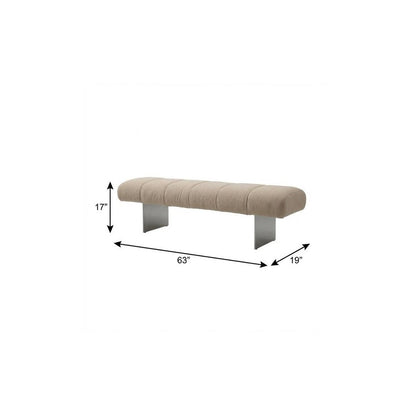 63" Beige and Nickel Boucle and Steel Upholstered Bench