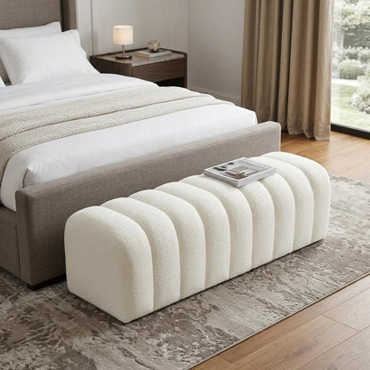 59" White Tufted Boucle Upholstered Bench