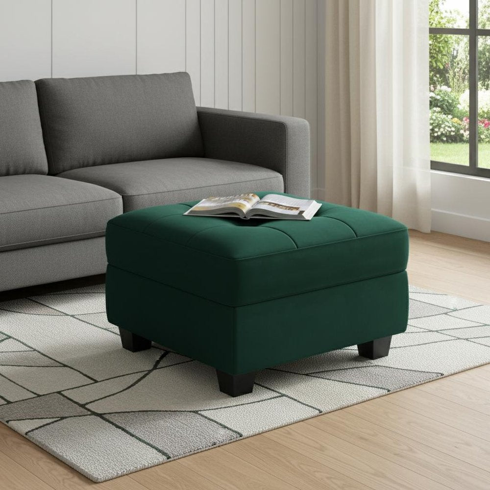 26" Green And Black Velvet Tufted Ottoman With Storage