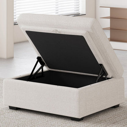 30" Beige And Black Chenille Ottoman With Storage