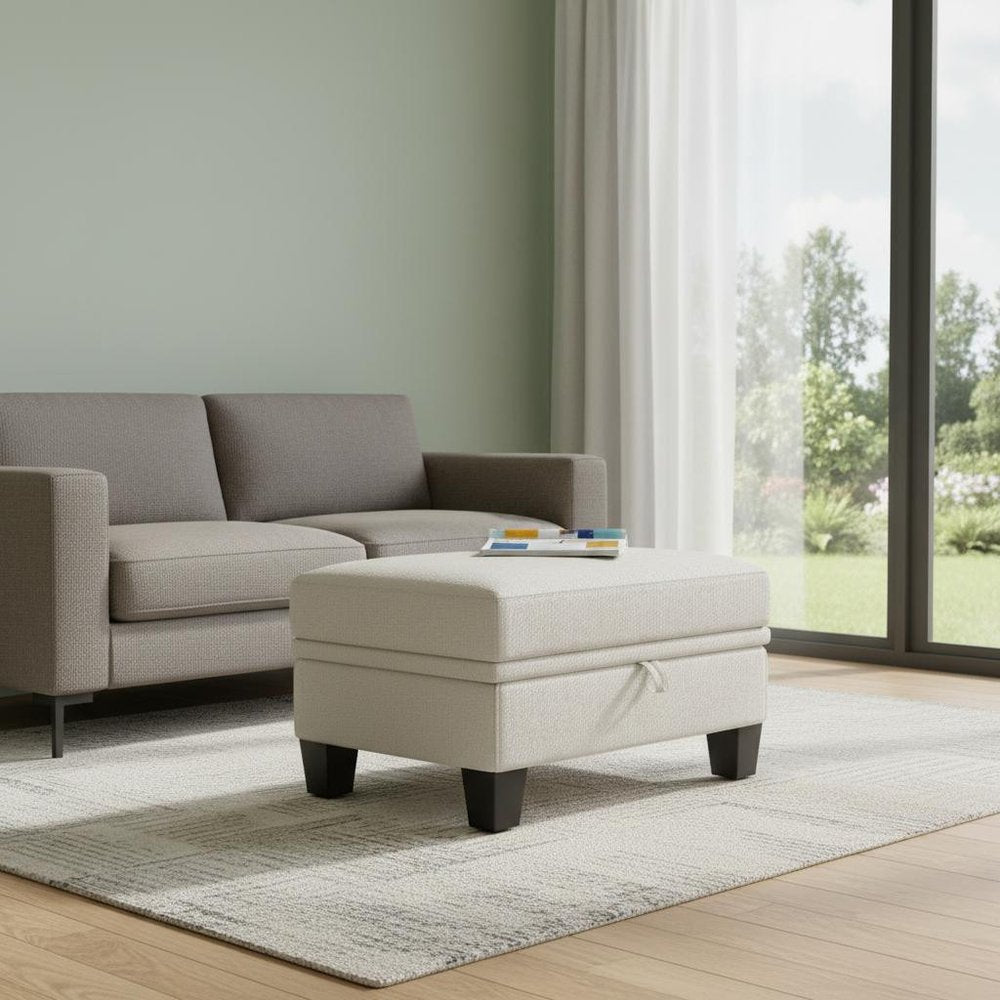 29" Beige And Black Chenille Ottoman With Storage