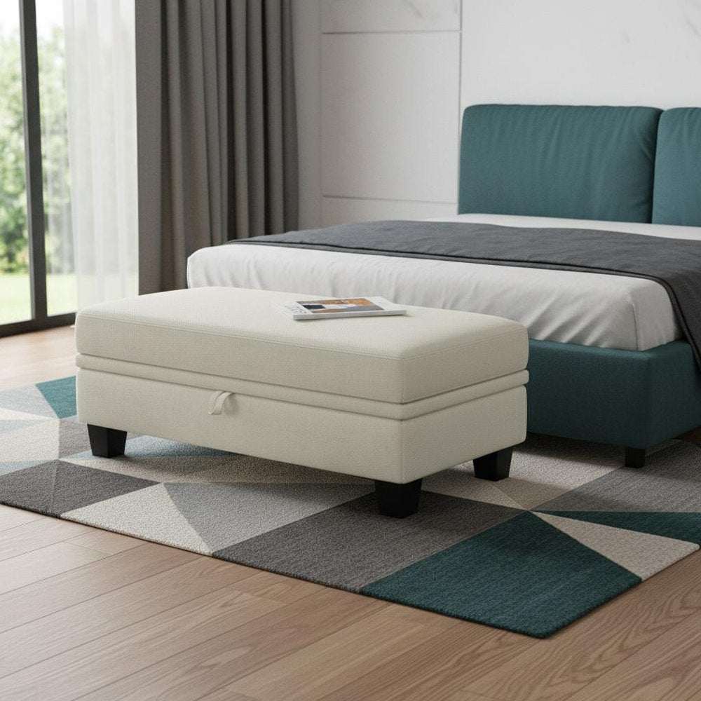 46" Light Gray And Black Chenille Ottoman With Storage