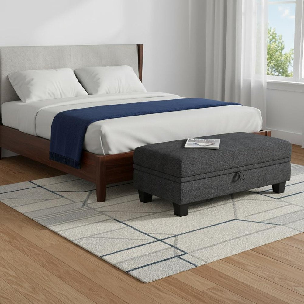 46" Light Gray And Black Chenille Ottoman With Storage