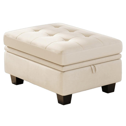 32" Beige And Black Velvet Tufted Ottoman With Storage