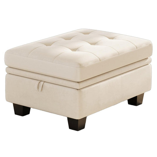 32" Beige And Black Velvet Tufted Ottoman With Storage