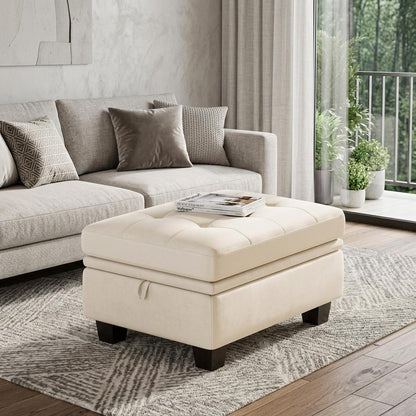 32" Beige And Black Velvet Tufted Ottoman With Storage
