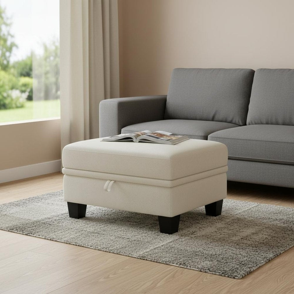 29" Beige And Black Chenille Ottoman With Storage