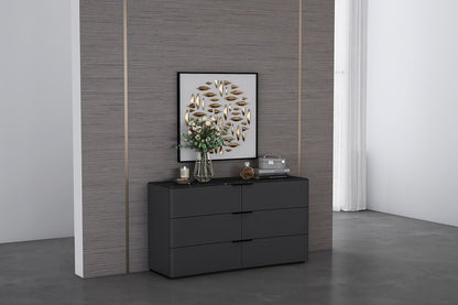 57" Black And Dark Gray Faux Marble and Wood Six Drawer Double Dresser