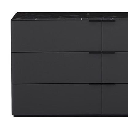 57" Black And Dark Gray Faux Marble and Wood Six Drawer Double Dresser