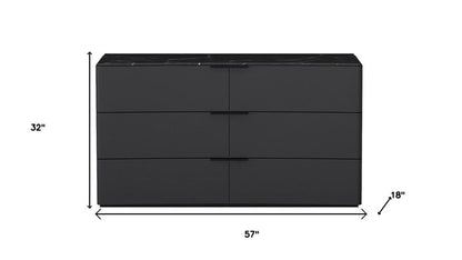 57" Black And Dark Gray Faux Marble and Wood Six Drawer Double Dresser