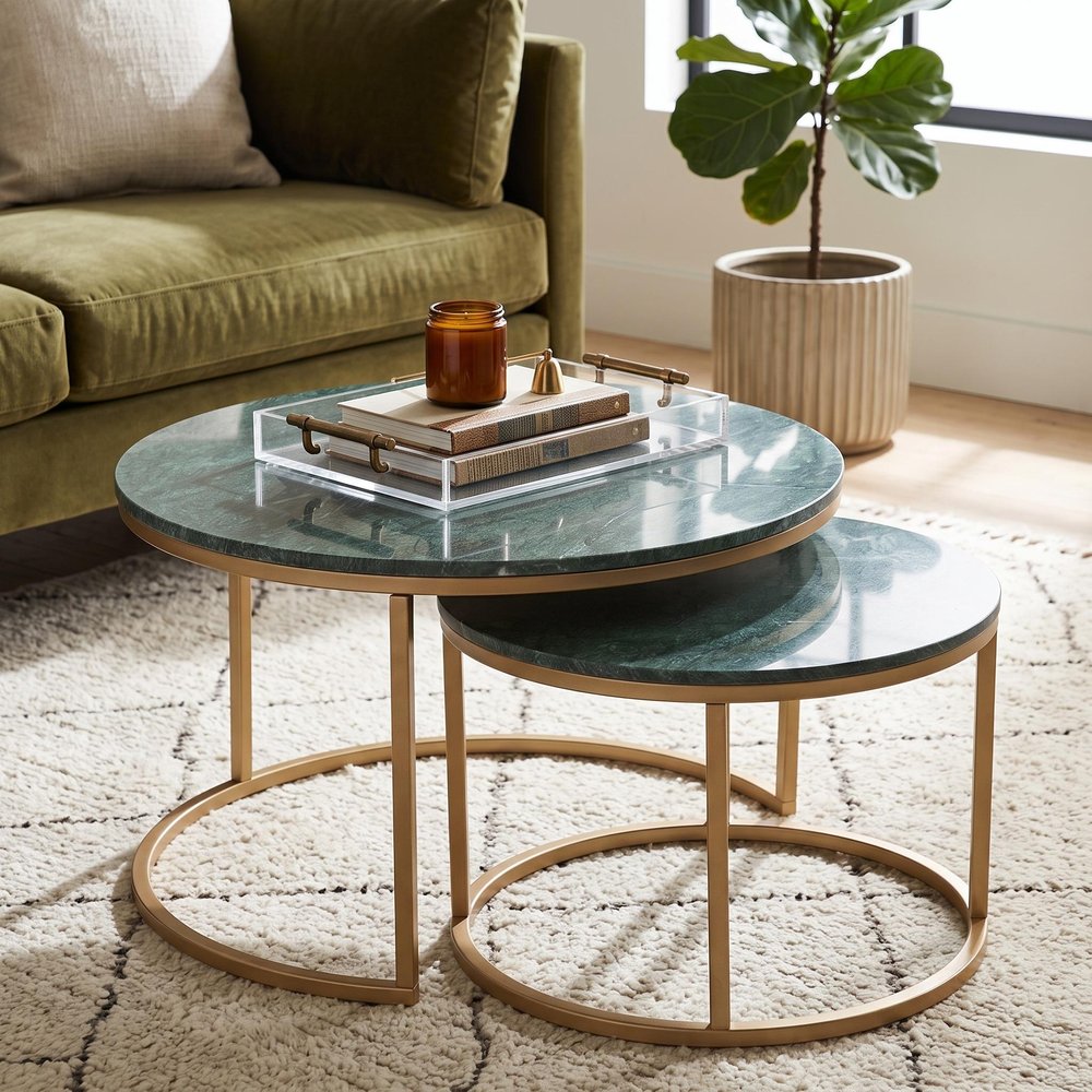 Set Of Two Green and Gold Genuine Marble and Iron Round Frame Nested Coffee Tables