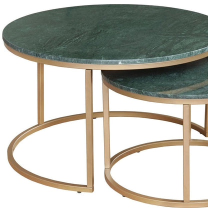 Set Of Two Green and Gold Genuine Marble and Iron Round Frame Nested Coffee Tables