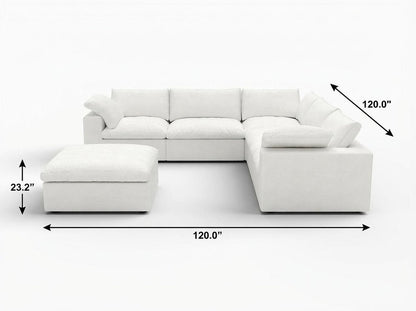 White Linen Blend Modular L Shaped Six Piece Corner Sectional With Ottoman