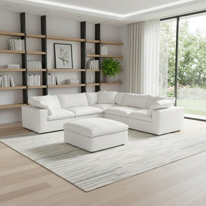 White Linen Blend Modular L Shaped Six Piece Corner Sectional With Ottoman