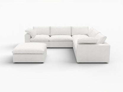 White Linen Blend Modular L Shaped Six Piece Corner Sectional With Ottoman