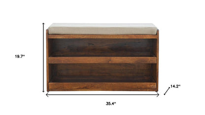 35" Brown Linen And Solid Wood Upholstered Storage Bench With Shoe Storage
