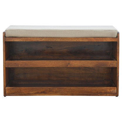 35" Brown Linen And Solid Wood Upholstered Storage Bench With Shoe Storage
