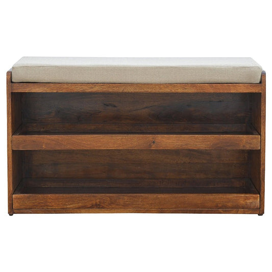 35" Brown Linen And Solid Wood Upholstered Storage Bench With Shoe Storage