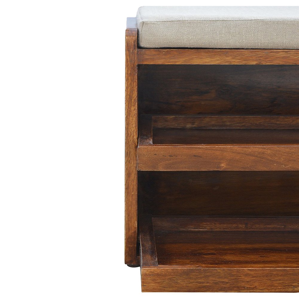 35" Brown Linen And Solid Wood Upholstered Storage Bench With Shoe Storage