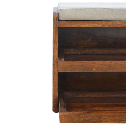 35" Brown Linen And Solid Wood Upholstered Storage Bench With Shoe Storage