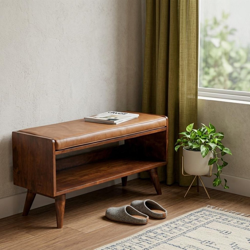 35" Brown And Chestnut Genuine Leather And Solid Wood Storage Bench