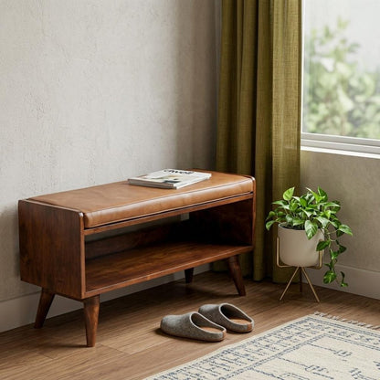 35" Brown And Chestnut Genuine Leather And Solid Wood Storage Bench