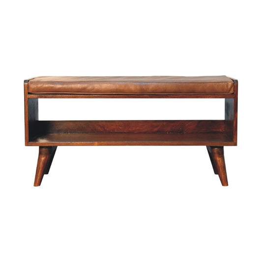 35" Brown And Chestnut Genuine Leather And Solid Wood Storage Bench