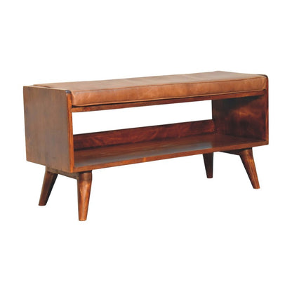 35" Brown And Chestnut Genuine Leather And Solid Wood Storage Bench