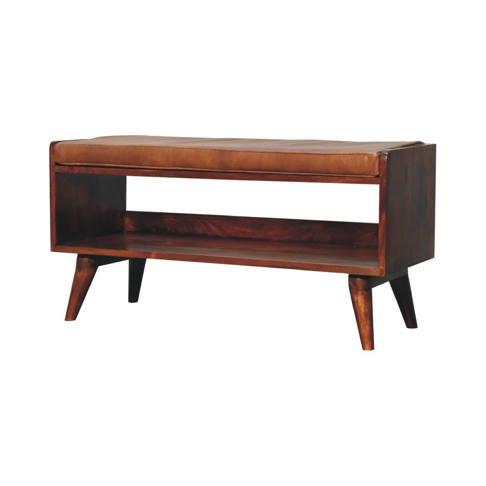 35" Brown And Chestnut Genuine Leather And Solid Wood Storage Bench