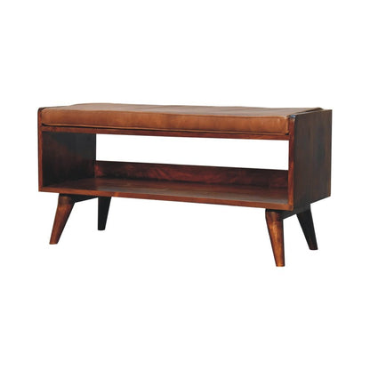 35" Brown And Chestnut Genuine Leather And Solid Wood Storage Bench