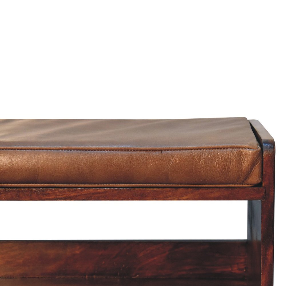 35" Brown And Chestnut Genuine Leather And Solid Wood Storage Bench