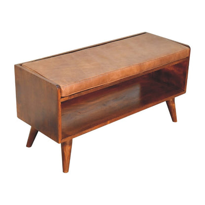 35" Brown And Chestnut Genuine Leather And Solid Wood Storage Bench